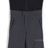 Spyder Boys Mini Expedition Pant 2023 - Black snow pants with a white logo on the left thigh and gray accents around the waistband.