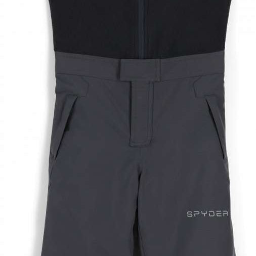 Spyder Boys Mini Expedition Pant 2023 - Black snow pants with a white logo on the left thigh and gray accents around the waistband.