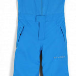 Spyder Boys Mini Expedition Pant 2023 - A pair of blue snow pants with a black trim and a white Spyder logo on the left leg.