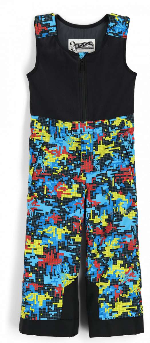 Spyder Boys Mini Expedition Pant 2023 - Black snow pants with a pixelated pattern of blue, red and yellow shapes.
