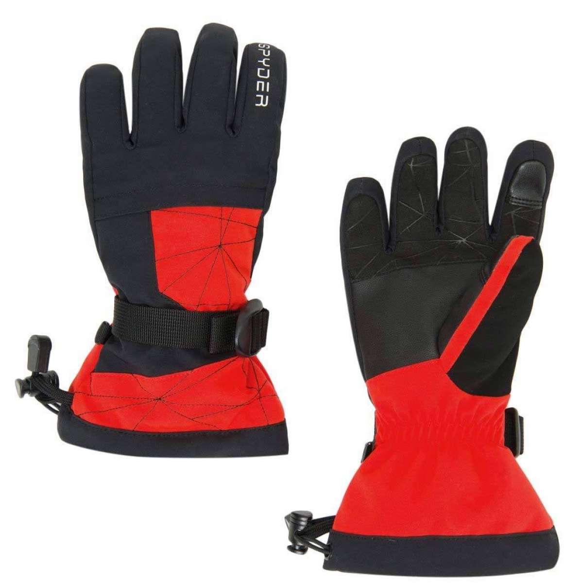 Spyder Boys Overweb Glove 2022 - A pair of black gloves with a webbed pattern on the back and fingers, featuring a strap closure at the wrist.