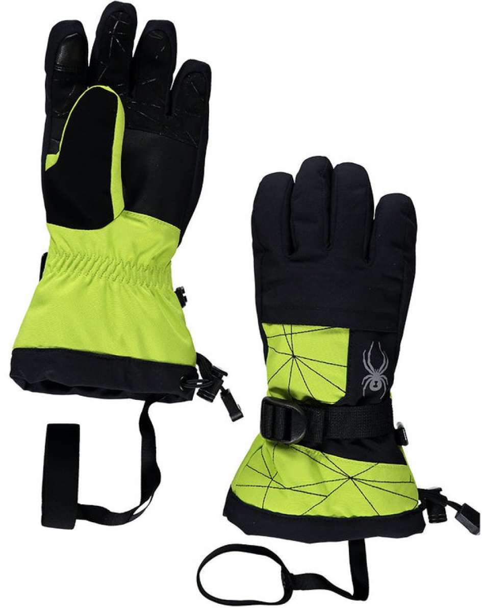 Spyder Boys Overweb Glove 2022 - A neon green glove with a black palm and thumb, featuring a webbed pattern on the back of the hand.