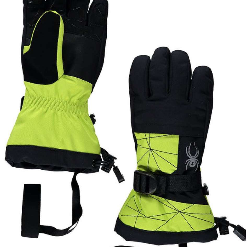 Spyder Boys Overweb Glove 2022 - A neon green glove with a black palm and thumb, featuring a webbed pattern on the back of the hand.