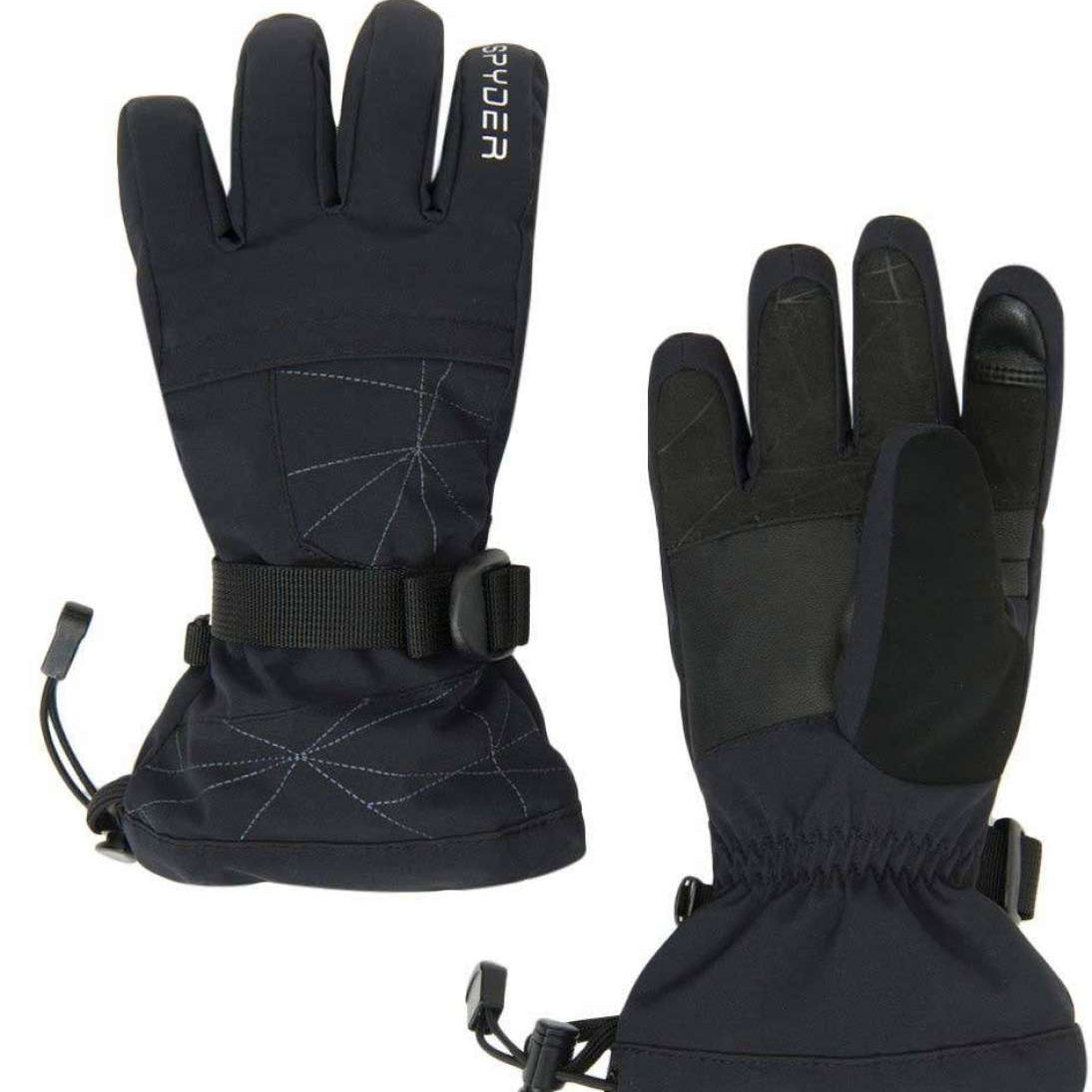 Spyder Boys Overweb Glove 2022 - A black glove with white stitching and a webbed pattern on the back of the hand.