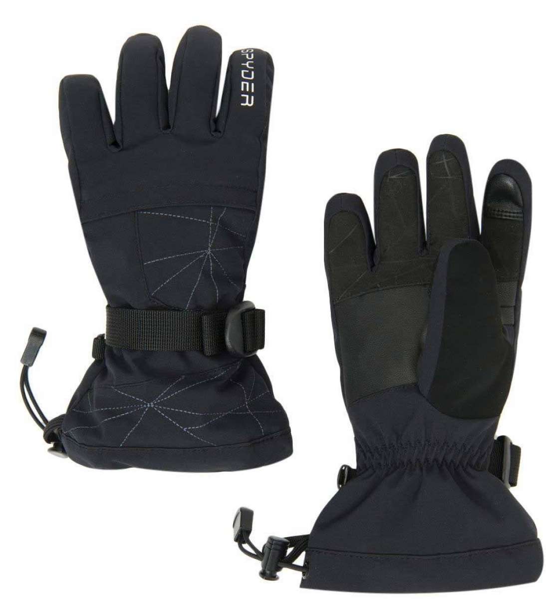 Spyder Boys Overweb Glove 2022 - A black glove with white stitching and a webbed pattern on the back of the hand.