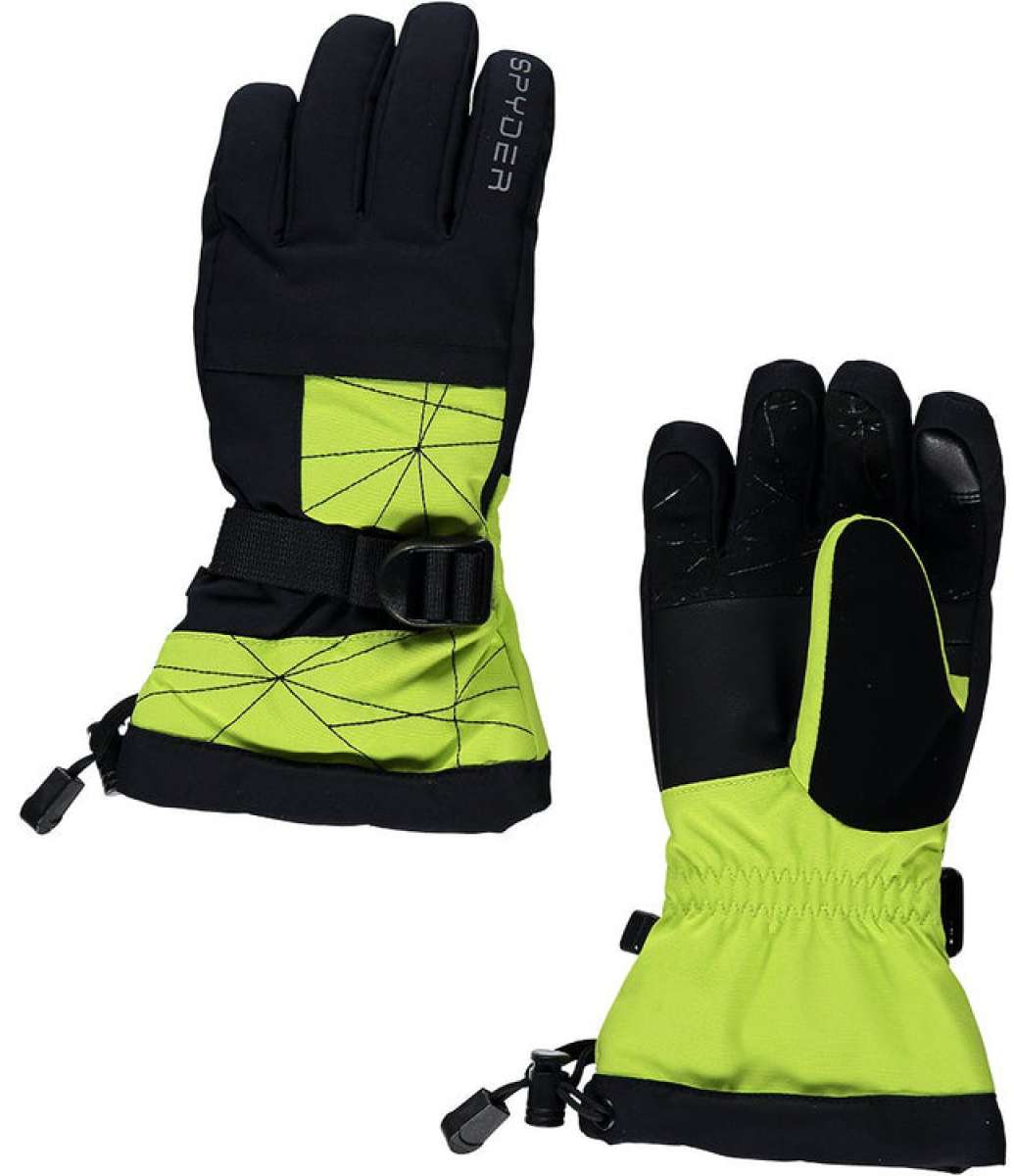 Spyder Boys Overweb Glove 2022 - A neon green glove with a geometric pattern on the wrist strap and black accents.