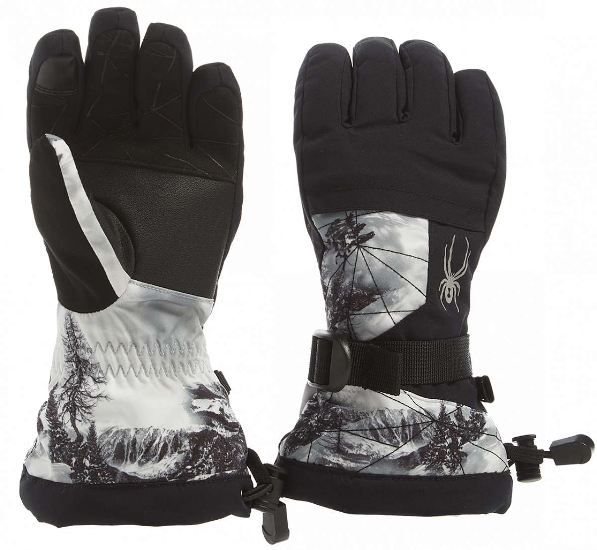Spyder Boys Overweb Glove 2023 - A pair of black gloves with a white web pattern on the back and palm, featuring a strap closure at the wrist.