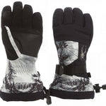 Spyder Boys Overweb Glove 2023 - A pair of black gloves with a white web pattern on the back and palm, featuring a strap closure at the wrist.