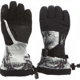 Spyder Boys Overweb Glove 2023 - A pair of black gloves with a white web pattern on the back and palm, featuring a strap closure at the wrist.