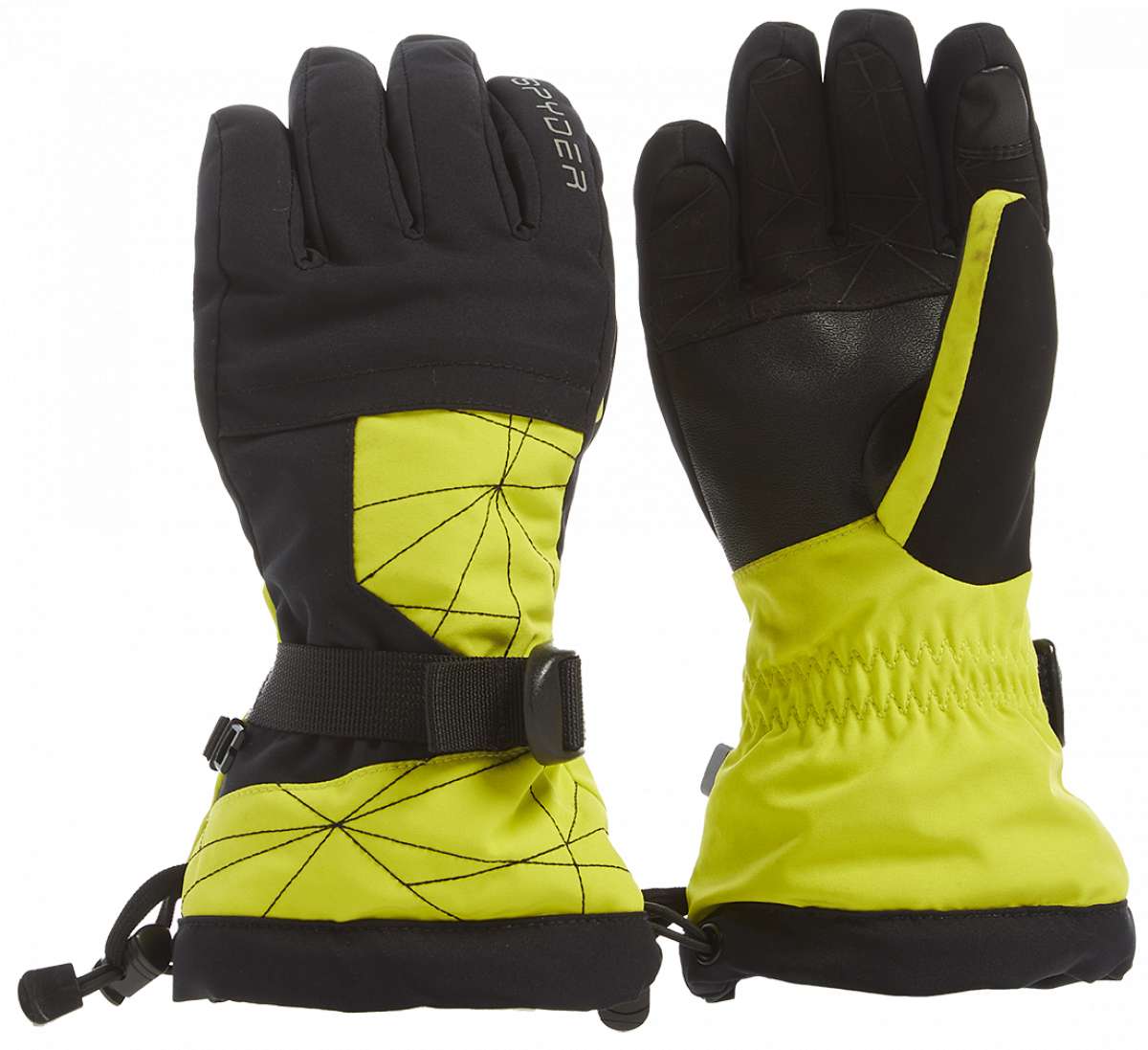 Spyder Boys Overweb Glove 2023 - A black glove with a neon yellow palm and webbed fingers.