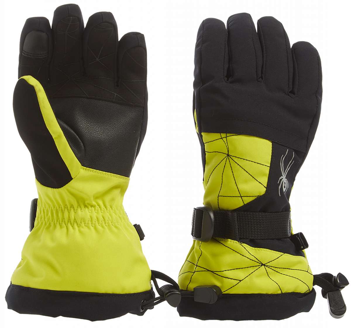 Spyder Boys Overweb Glove 2023 - A neon yellow glove with a black palm and thumb, featuring a webbed pattern on the back of the hand.