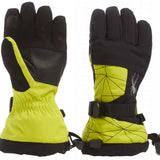 Spyder Boys Overweb Glove 2023 - A neon yellow glove with a black palm and thumb, featuring a webbed pattern on the back of the hand.