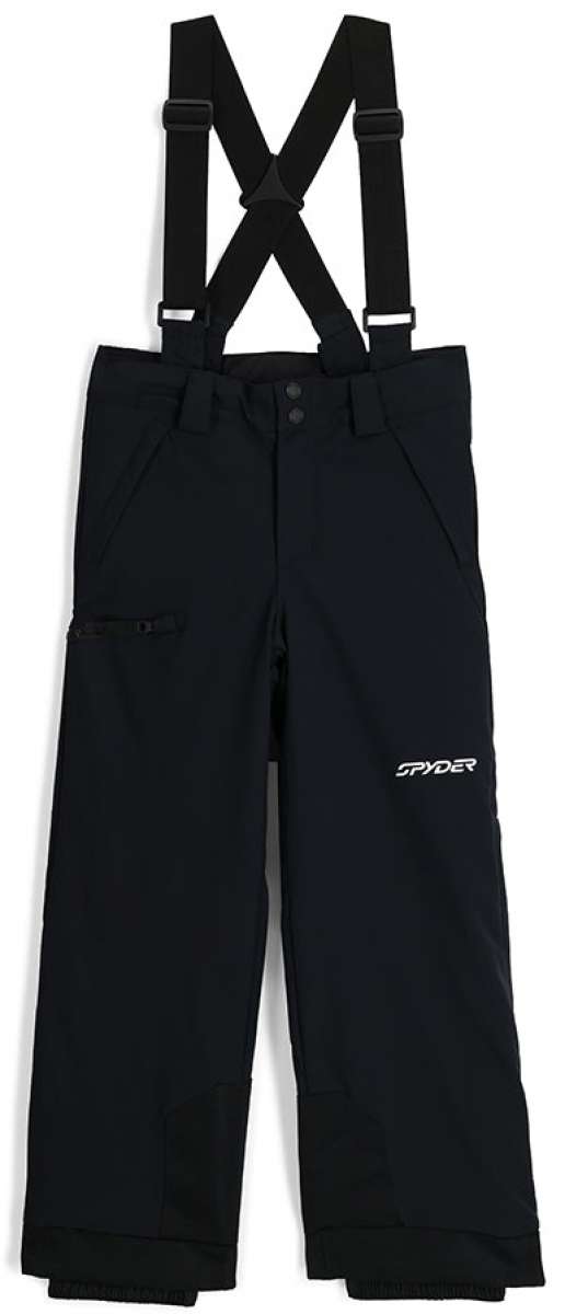 Spyder Boys Propulsion Insulated Pant 2024 - Black snow pants with adjustable straps and a white Spyder logo on the left leg.