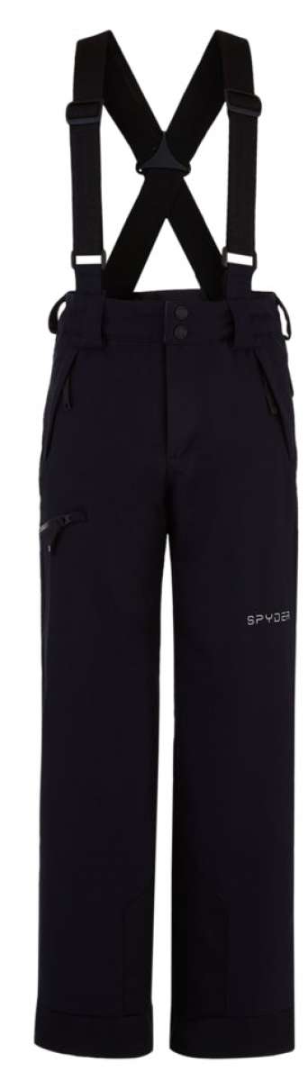 Spyder Boys Propulsion Insulated Pants 2022 - Black pants with white Spyder logo on left thigh and adjustable Velcro straps at waistband.