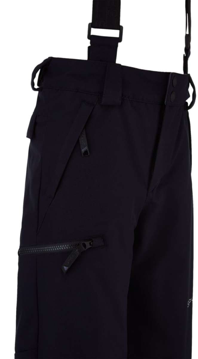 Spyder Boys Propulsion Insulated Pants 2022 - Black pants with a diagonal zippered pocket on the right thigh and adjustable straps at the waist.