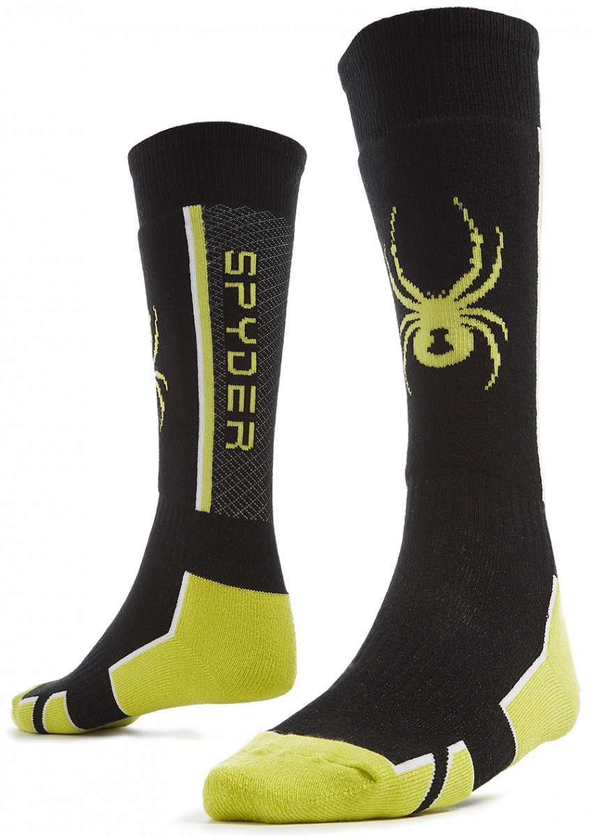 Spyder Boys Sweep Sock 2023 - Black socks with yellow accents and a spider logo on the top of one sock.