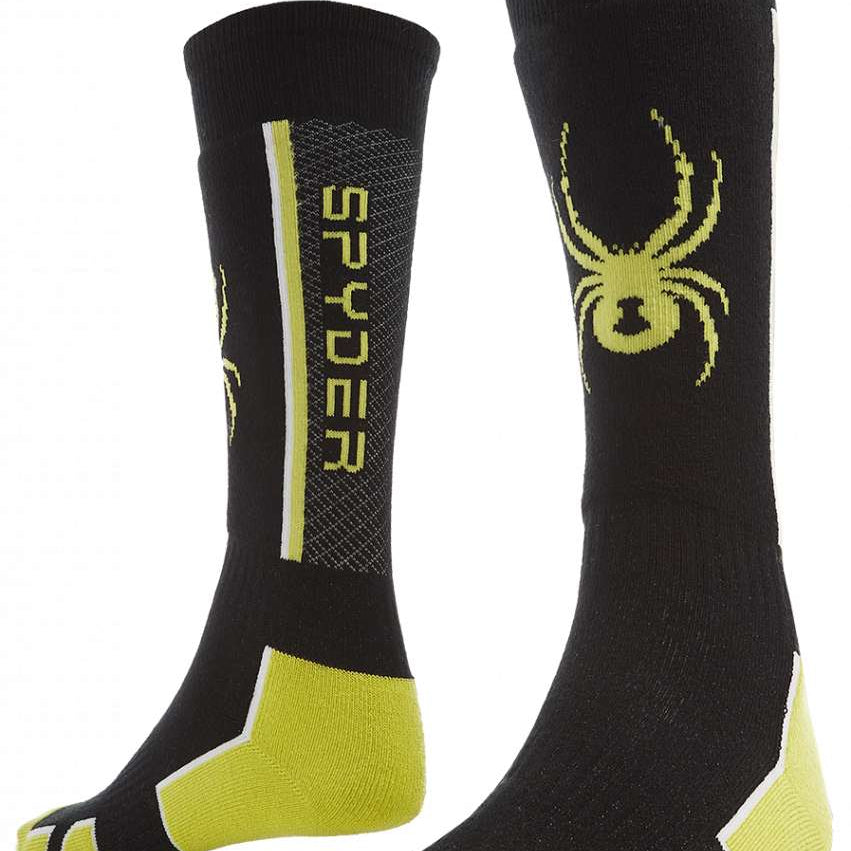 Spyder Boys Sweep Sock 2023 - Black socks with yellow accents and a spider logo on the top of one sock.