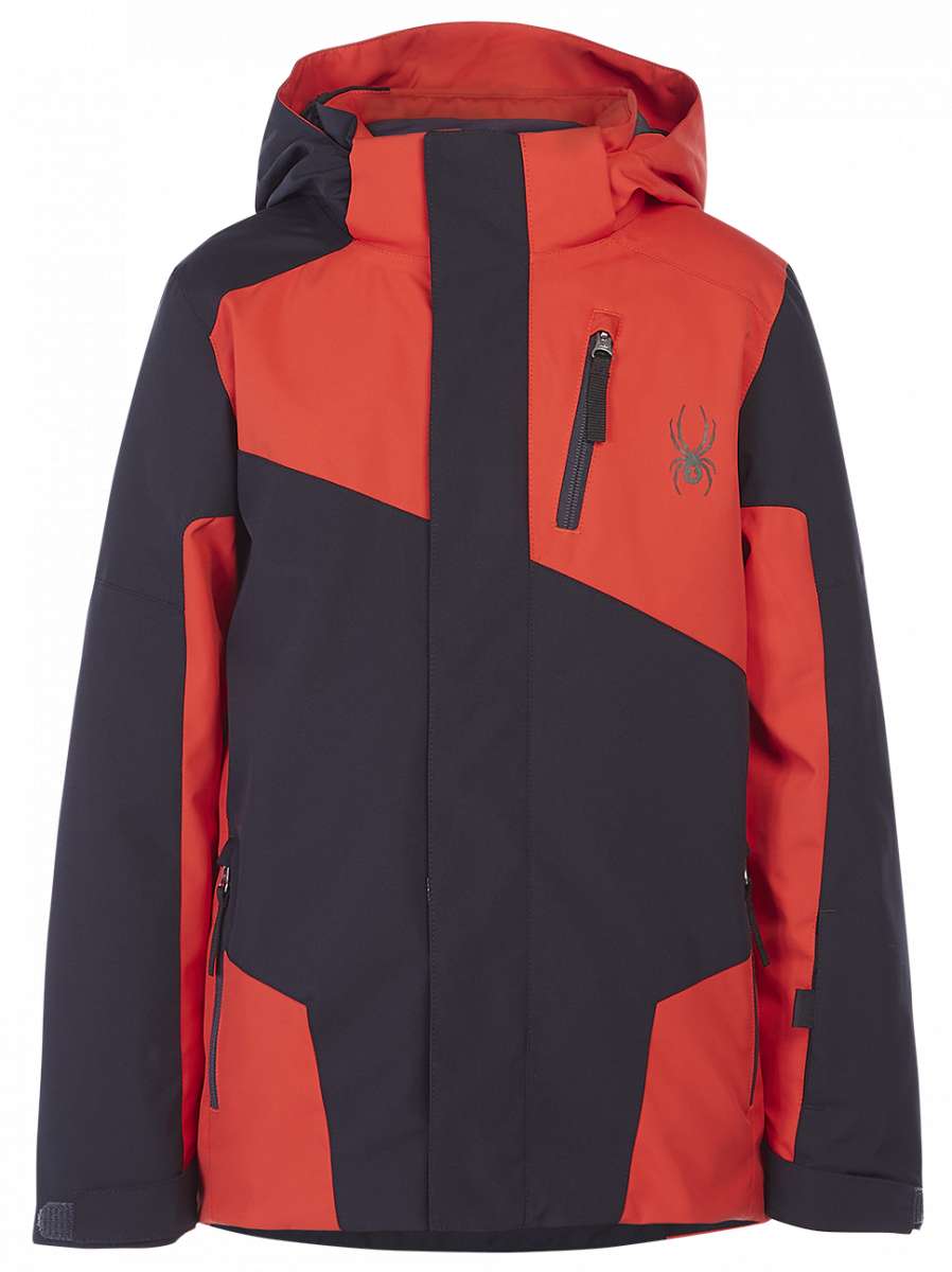 Spyder Boys Turner Insulated Jacket 2023 - A navy blue jacket with a red stripe on the sleeve and a white logo on the chest.