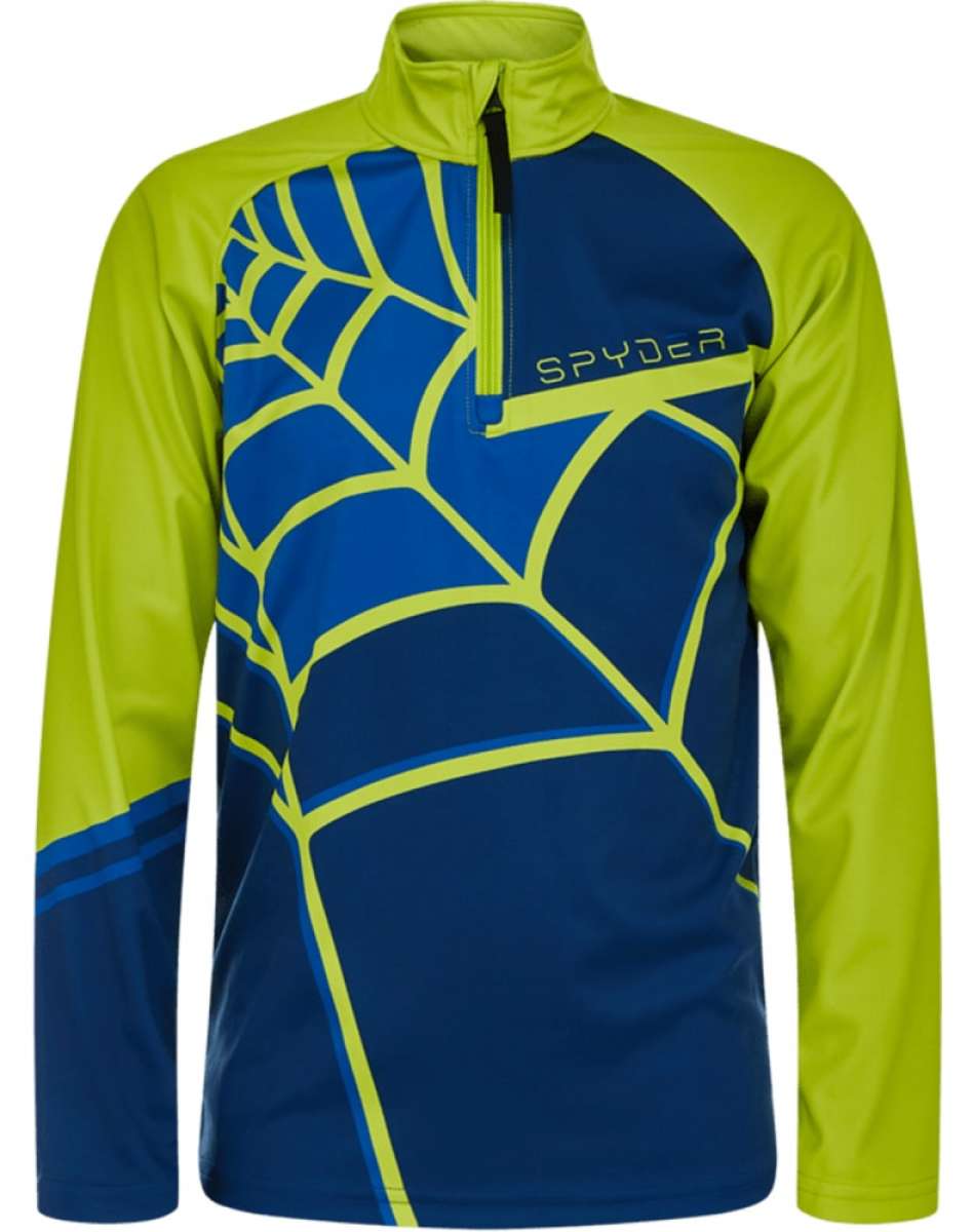 Spyder Boys Web Zip Turtleneck 2022 - A blue and green turtleneck with a spiderweb pattern on the chest.