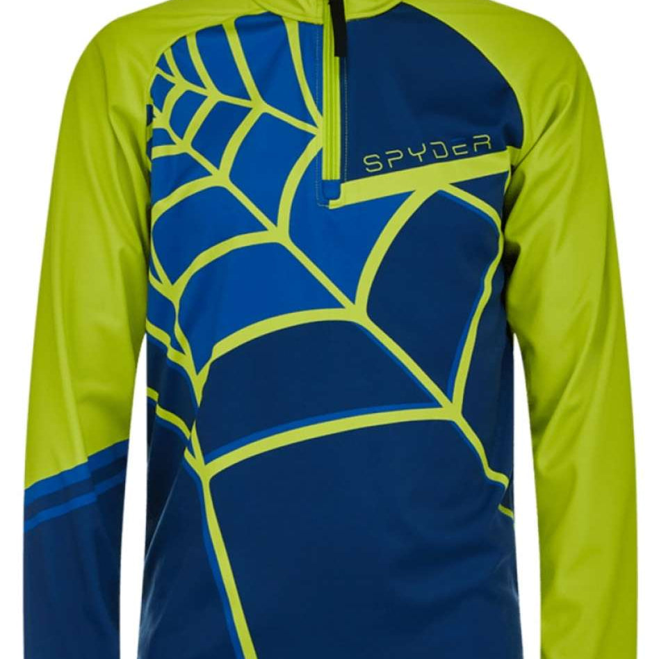 Spyder Boys Web Zip Turtleneck 2022 - A blue and green turtleneck with a spiderweb pattern on the chest.