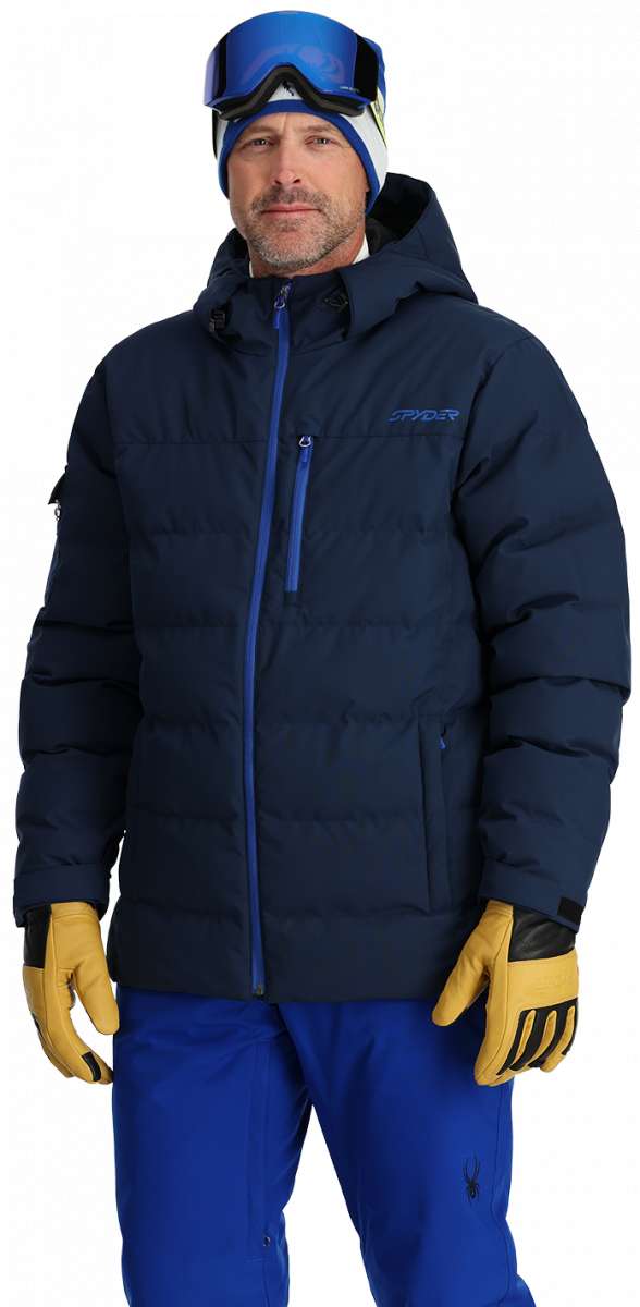 Spyder Bromont Insulated Jacket 2024 - A navy blue jacket with a hood and two zippered pockets on either side.