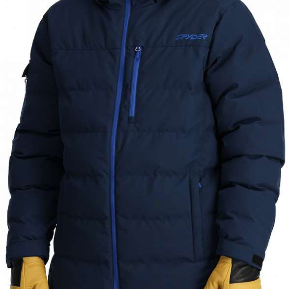 Spyder Bromont Insulated Jacket 2024 - A navy blue jacket with a hood and two zippered pockets on either side.