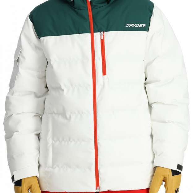 Spyder Bromont Insulated Jacket 2024 - A white jacket with a green chest panel and red zipper.