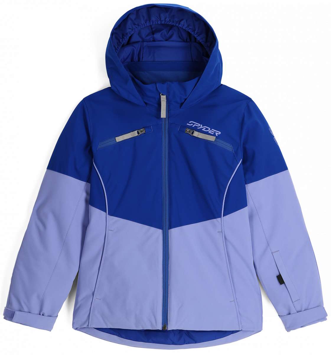Spyder Camille Insulated Jacket Junior 2024 - A royal blue and light gray jacket with a hood, featuring two zippered pockets on the chest.