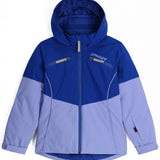 Spyder Camille Insulated Jacket Junior 2024 - A royal blue and light gray jacket with a hood, featuring two zippered pockets on the chest.