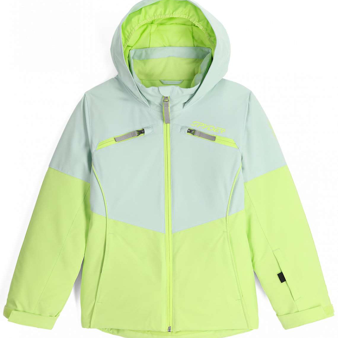 Spyder Camille Insulated Jacket Junior 2024 - A light blue and lime green jacket with a hood, featuring two zippered pockets on either side of the chest.