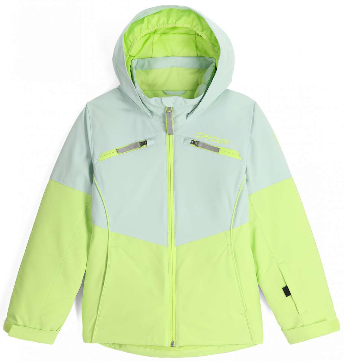 Spyder Camille Insulated Jacket Junior 2024 - A light blue and lime green jacket with a hood, featuring two zippered pockets on either side of the chest.