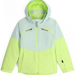 Spyder Camille Insulated Jacket Junior 2024 - A light blue and lime green jacket with a hood, featuring two zippered pockets on either side of the chest.