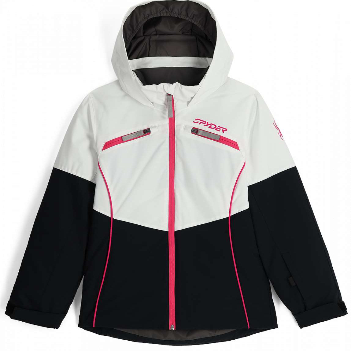 Spyder Camille Insulated Jacket Junior 2024 - A white, black, and pink ski jacket with a hood, featuring two zippered pockets on the chest.