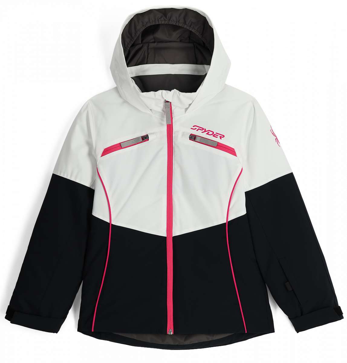 Spyder Camille Insulated Jacket Junior 2024 - A white, black, and pink ski jacket with a hood, featuring two zippered pockets on the chest.