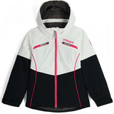 Spyder Camille Insulated Jacket Junior 2024 - A white, black, and pink ski jacket with a hood, featuring two zippered pockets on the chest.