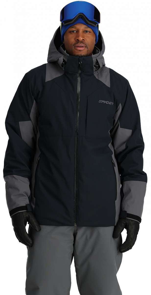 Spyder Contrac Insulated Jacket 2024 - A black jacket with gray accents and a hood, featuring a zipper down the front.