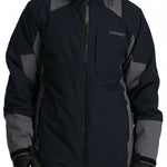 Spyder Contrac Insulated Jacket 2024 - A black jacket with gray accents and a hood, featuring a zipper down the front.