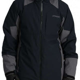 Spyder Contrac Insulated Jacket 2024 - A black jacket with gray accents and a hood, featuring a zipper down the front.