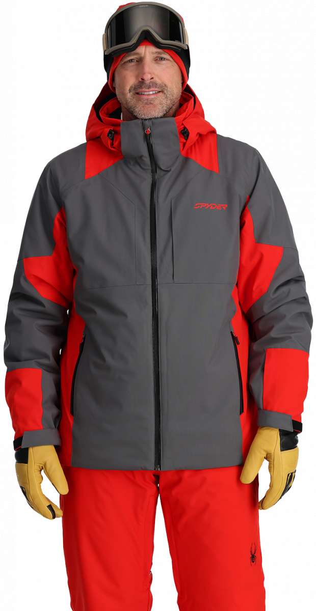 Spyder Contrac Insulated Jacket 2024 - A black jacket with red accents and a hood, featuring a zipper closure and two zippered pockets on the front.