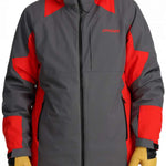 Spyder Contrac Insulated Jacket 2024 - A black jacket with red accents and a hood, featuring a zipper closure and two zippered pockets on the front.