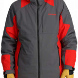 Spyder Contrac Insulated Jacket 2024 - A black jacket with red accents and a hood, featuring a zipper closure and two zippered pockets on the front.