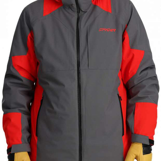 Spyder Contrac Insulated Jacket 2024 - A black jacket with red accents and a hood, featuring a zipper closure and two zippered pockets on the front.