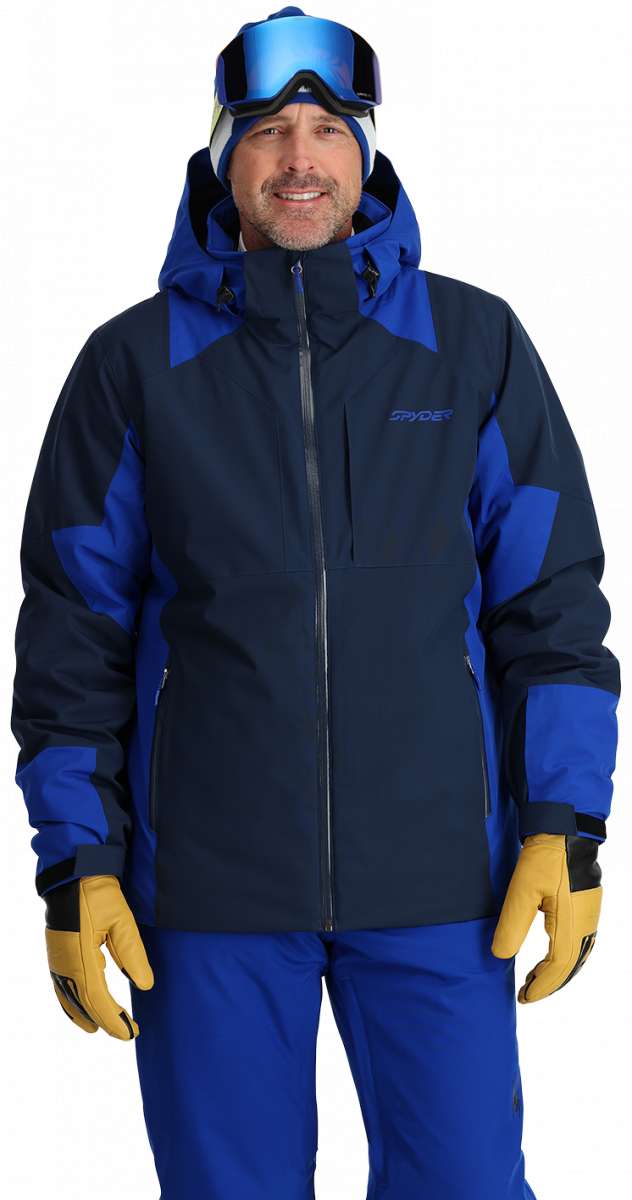 Spyder Contrac Insulated Jacket 2024 - A black jacket with blue accents and a hood, featuring a zipper down the front.