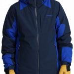 Spyder Contrac Insulated Jacket 2024 - A black jacket with blue accents and a hood, featuring a zipper down the front.