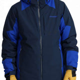 Spyder Contrac Insulated Jacket 2024 - A black jacket with blue accents and a hood, featuring a zipper down the front.