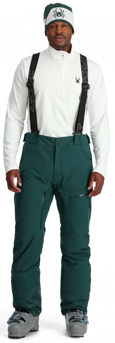Spyder Dare Insulated Pant 2024 - Dark green snow pants with black hardware and a zippered pocket on the right thigh.