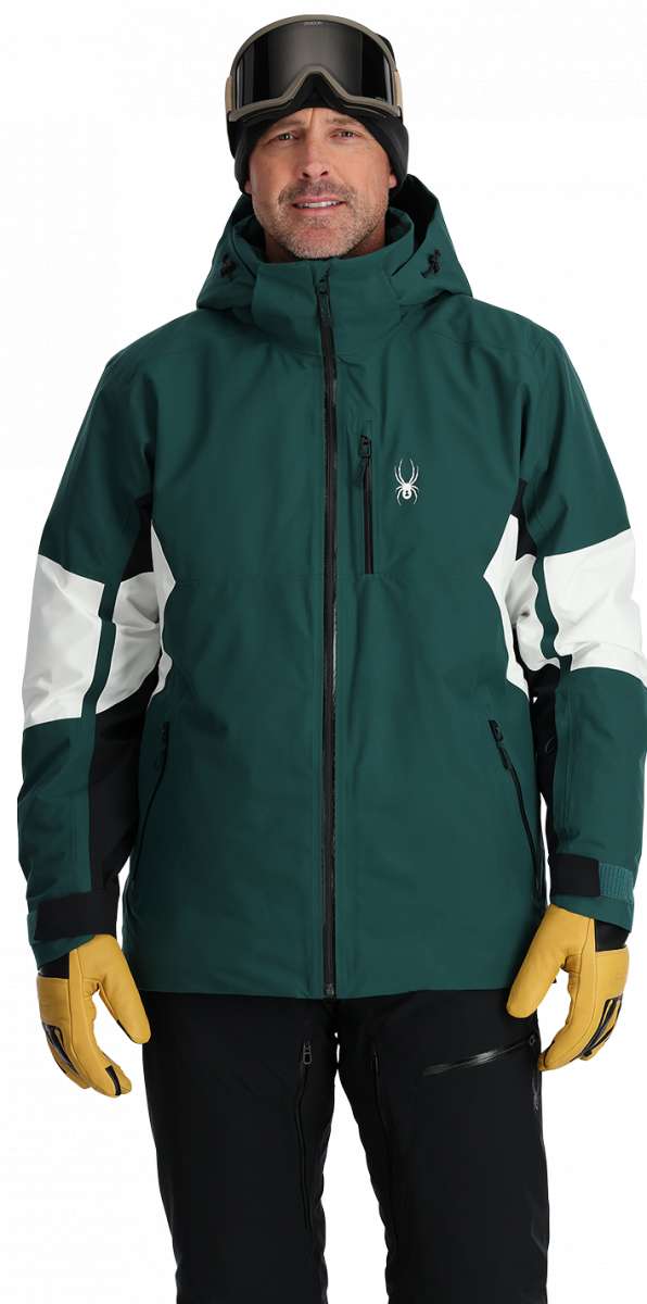 Spyder Epiphany Insulated Jacket 2024 - A dark green jacket with a white logo on the left chest and black zippers.