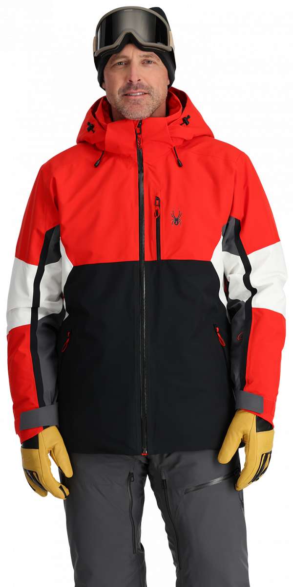 Spyder Epiphany Insulated Jacket 2024 - A red, black and white jacket with a hood and zipper down the front.