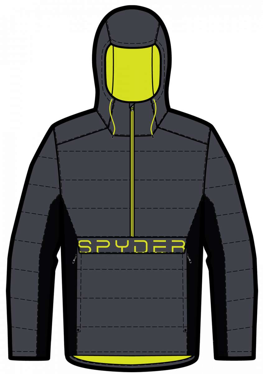 Spyder Force Insulated Jacket 2023 - A dark gray jacket with a yellow zipper and accents on the hood, featuring a solid color design.