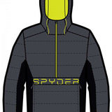 Spyder Force Insulated Jacket 2023 - A dark gray jacket with a yellow zipper and accents on the hood, featuring a solid color design.